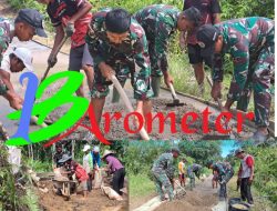 Satgas Pamtas Yonkav 12/BC Karya Bakti Pengecoran Jalan Raya di Perbatasan