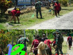 Jaga Kebersihan Lingkungan, Satgas Yonif 131/BRS Gotong- Royong Bersama Siswa Siswi SMPN5 Arso