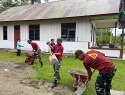 Peduli Kebersihan Lingkungan Gereja, Satgas Yonif 131/BRS Gelar Karya Bakti