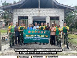 Sinergitas di Perbatasan, Satgas Pamtas Yonarmed 11 Kostrad Bangun Gereja Bersama Masyarakat