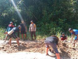 Semangat Gotong Royong Bhabinkamtibmas Polsek Air Besar dan Masyarakat Dusun Tepo Sinergi Laksanakan Penambalan Jalan