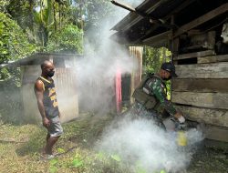 Cegah Malaria, Satgas Yonif 131/Brajasakti Melaksanakan Fooging di Kampung Wembi Perbatasan Papua