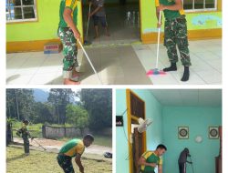 Satgas Pamtas RI-MLY Yonarhanud 1 Kostrad Pos Gabma Sajingan Gelar Karya Bakti Bersihkan Masjid