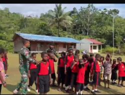 Menjaga Kesehatan dan Fisik, Pos Satgas Yembun Yonif 763/SBA Laksanakan Senam Bersama Murid SD Inpres 28 Metnayam