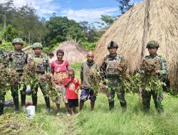 Memanen Hasil Kebun Satgas Yonif 521/DY Bersama Warga dalam Kegiatan Komsos di Distrik Kurima