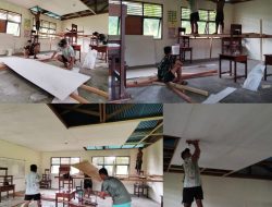 Satgas Tmmd Ke-128 Kodim 1801/Manokwari Pasang Plafon Ruang Perpustakaan SD Inpres 62 Asai