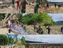 Gotong Royong Bersama Warga, Satgas TMMD Ke-128 Bersihkan Pantai di Kampung Tanah Rubuh