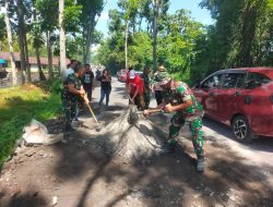 Peduli Keselamatan Pengguna Jalan, TNI, Polri dan Pemerintah Kecamatan Dimembe, Kerja Bakti Gerakan Indonesia Asri Timbun Jalan Berlubang di Ruas Poros Dimembe – Likupang