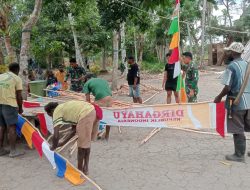 Sambut HUT Ke-81 RI, Satgas TMMD dan Warga Wanam Gotong Royong Pasang Bendera